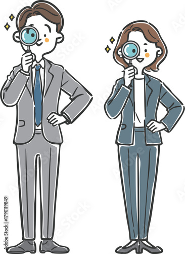 虫眼鏡をのぞくビジネスパーソン　全身　ベクター
