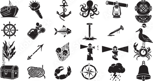 Nautical Exploration A Detailed Collection of Maritime Adventure, Seafaring Icons, and Nautical Adventure Elements