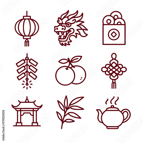 Lunar New Year outline icons with lantern, dragon, firecrackers, oranges and lucky knot, thin line set