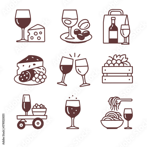 Wine and Italian Food Mono Icons Set: Cheese Grapes Pasta Toast