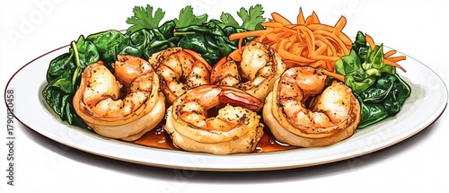 Exquisite shrimp dish with sauce and bread