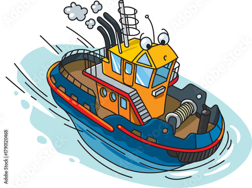 Funny tugboat with eyes. Boat or ship illustration