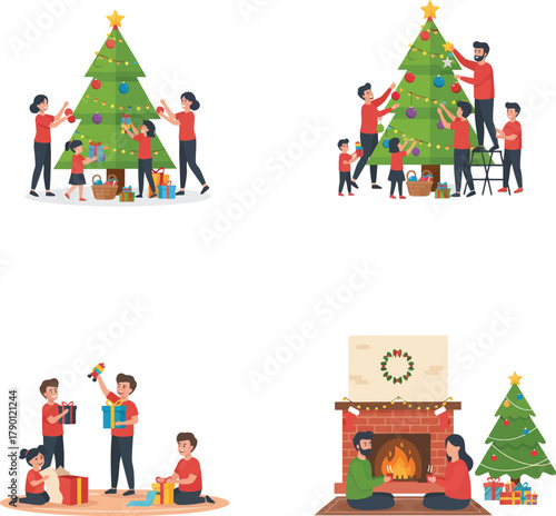 Family decorating Christmas tree, opening gifts, and sitting by fireplace.
