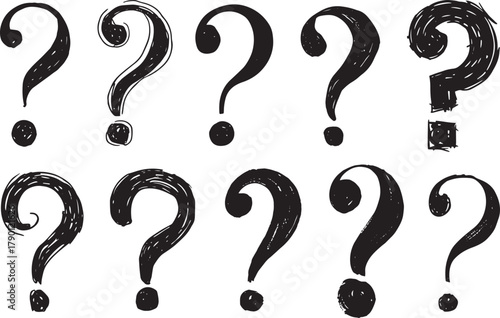 Artistic Question Mark Icons – Brushstroke Variations in Black on White