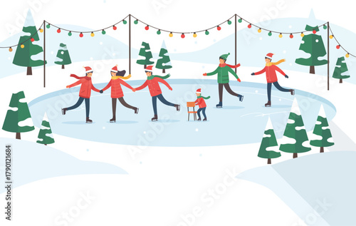 Ice skating rink with people and Christmas lights illustration.