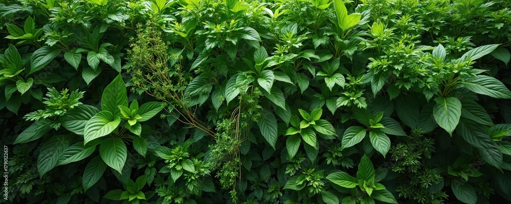 Obraz premium Dense wall of lush green plants and leaves. Diverse foliage creates natural textured background. Verdant growth offers organic garden backdrop. Fresh vibrant green plant life forms living pattern.