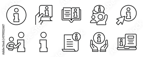 Info line icon set for help and support. Vector outline icons for instruction manual, guide, reference book, dictionary, user profile, FAQ, and customer service center.
