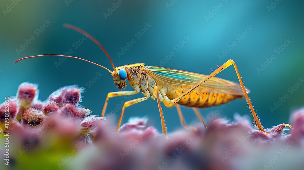 custom made wallpaper toronto digitalInsect stands on a pink flower with turquoise background, featuring distinct yellow markings and spindly legs.