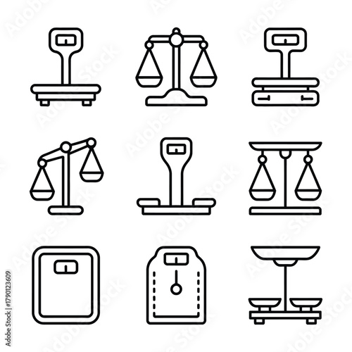 Collection of measuring scale and balance symbols in minimalist outline design