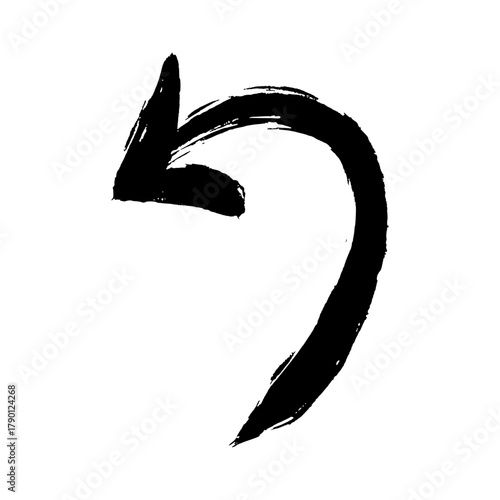 Black brush stroke arrow pointing left, indicating direction or return