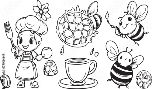 Vector cartoon set of insects and funny animals with flowers, fruits, and food elements in a seamless floral pattern design for children's coloring book and baby textile art