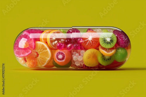 A vitamin capsule with a variety of fruit pieces.
