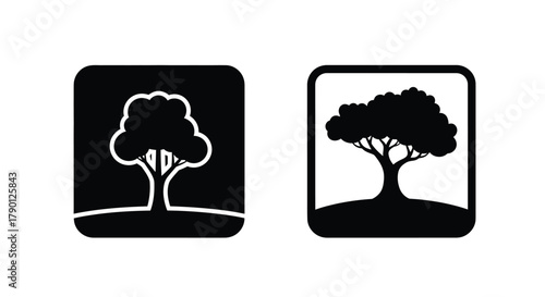 Two black and white tree icons in square and rectangle frames