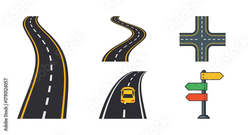 Illustrative road segments a car and directional signage for navigation