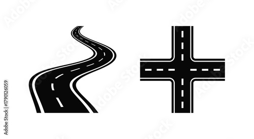 Simple black and white illustration depicting a winding road and a crossroads
