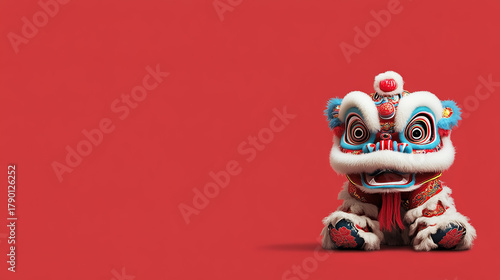 Lion head dance background with Chinese New Year theme against a red background.
