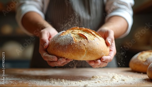 Baker holds freshly baked bread. Flour dusts hands and wooden table. Rustic kitchen scene with warm light. Delicious homemade food preparation and artisanal baking.