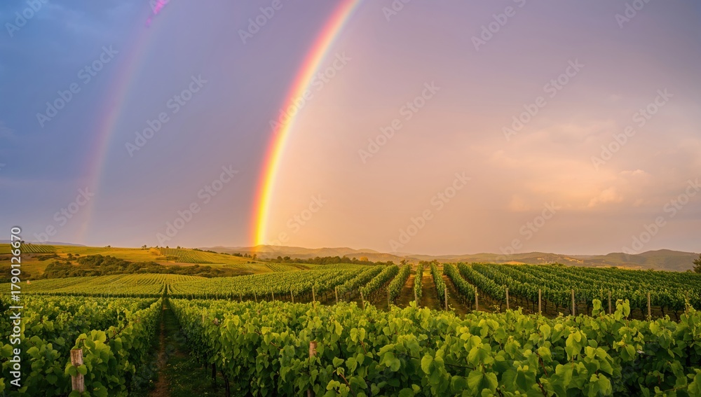 Fototapeta premium Vibrant rainbow arching over lush vineyards, seasonal change