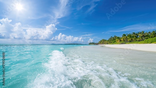 Fototapeta Naklejka Na Ścianę i Meble -  Tropical summer backdrop, gentle turquoise ocean wave on sandy shore, ideal for relaxation or travel themes