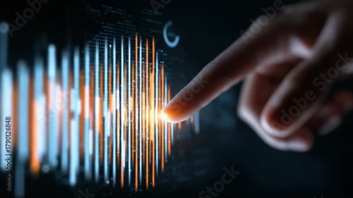 A digital interface is activated by a touch, illuminating a network of data points and creating a connection to information.