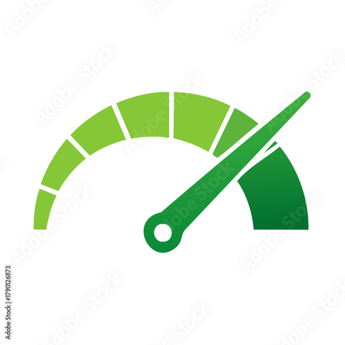 Simple green gauge icon with needle at maximum level symbolizing high speed and performance