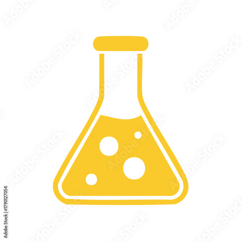 Bright yellow science flask with liquid and bubbles for chemistry experiments