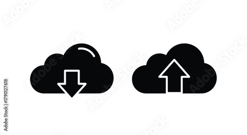 Two black cloud icons with arrows depicting upload and download processes