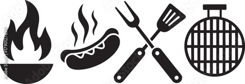 Grilling Icons Set – Black Silhouettes of BBQ Tools, Hot Food, and Flame for Outdoor Cooking Design