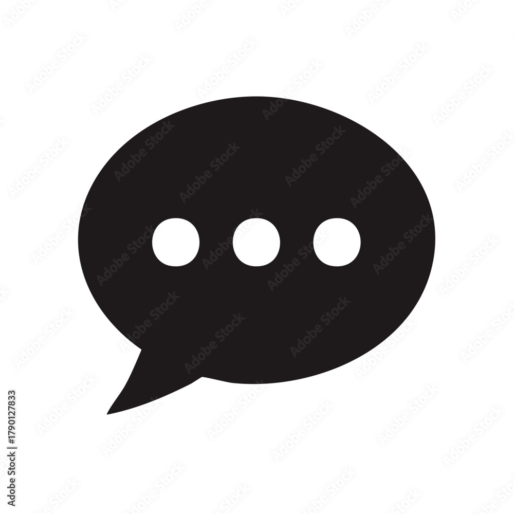 Fototapeta premium Black chat bubble icon with three white dots indicating message composition or thought process