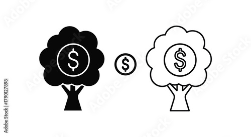 Money tree icons black and white depictions of financial growth concepts