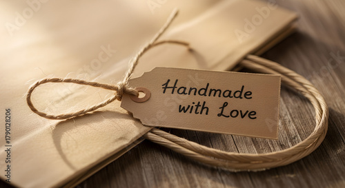 Handmade tag with love message on brown craft paper packaging  