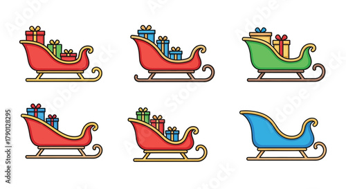 Colorful collection of cartoon santa sleighs filled with brightly wrapped gifts