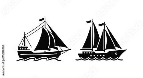Two black silhouette sailboats navigating on a wavy sea nautical illustration