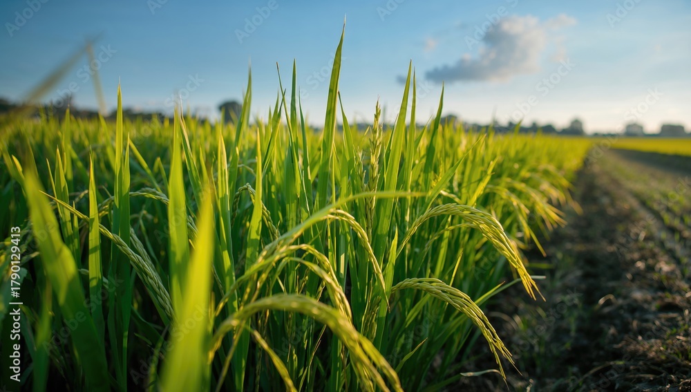 Obraz premium Rice field during early harvest season, showcasing agricultural growth, fiber-dense choice