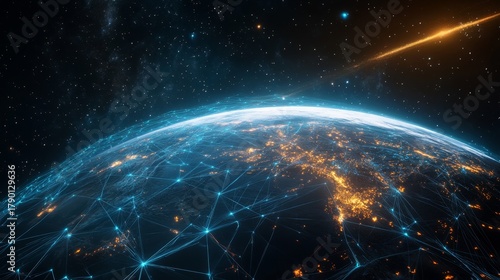 A global digital network spanning the entire planet, with luminous blue streams of light representing connections and the flow of information	