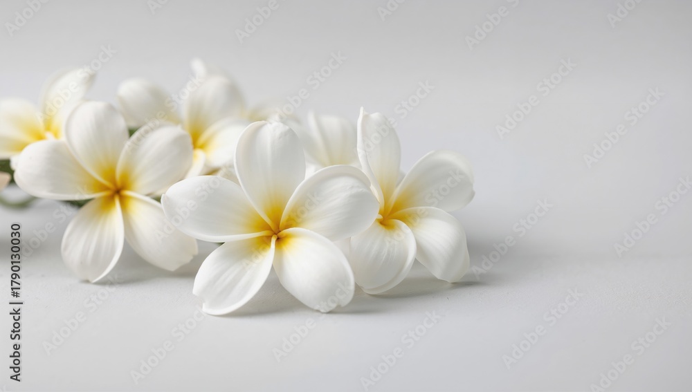 Naklejka premium Plumeria blossoms with a soft blur effect on a grey backdrop, ideal for spa and wellness themes