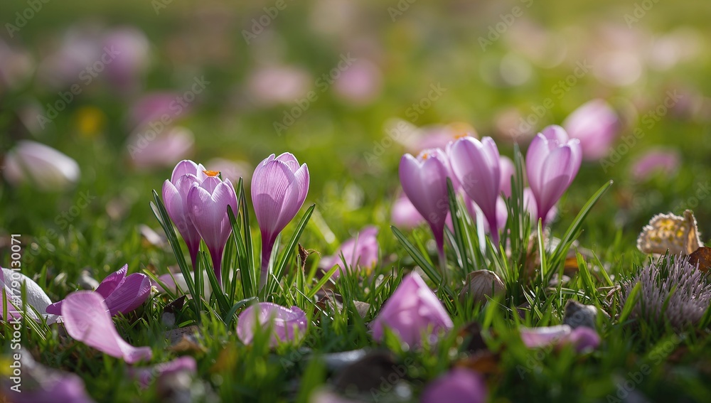 Fototapeta premium Springtime blooms featuring vibrant crocuses, seasonal change
