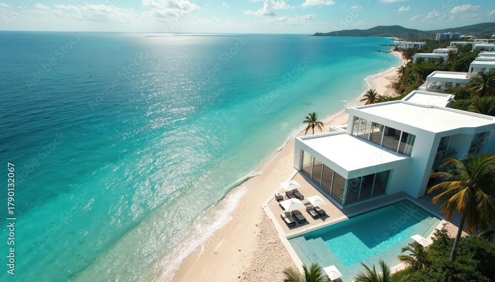Obraz premium Modern white resort villa with pool sits on a sandy beach next to turquoise ocean water. Palm trees surround the luxury property. Sunny day offers bright light. This vacation home is beautiful.