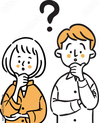 疑問を持つ夫婦のイラスト　上半身　ベクター（オレンジ）
