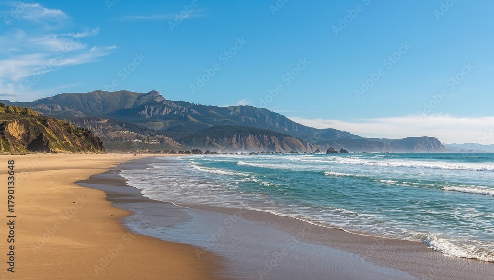 Fototapeta premium Manzanita Oregon coastline with mountain backdrop and Pacific Ocean waves, seasonal change