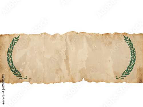 Aged paper banner with torn edges and green laurel wreath elements.