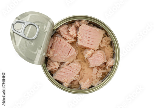 Foto Isolated open can of tuna fish ready to eat or cooking, canned food in oil or br