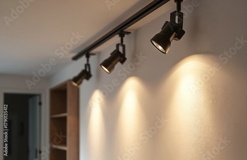 Modern black track lighting illuminates white wall with warm accent light. Spotlights mounted on ceiling rail provide adjustable illumination for interior home space. Useful for design or video.