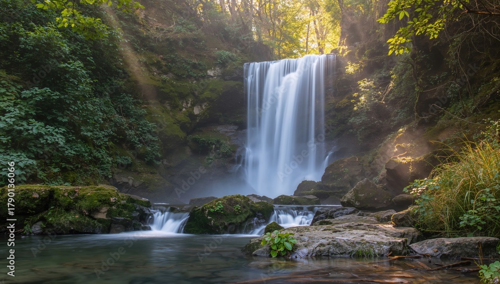 Obraz premium Long exposure of a waterfall flowing over stones in a forest area, seasonal change