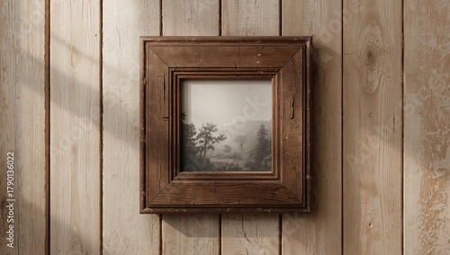 Vintage wooden frame against a wall backdrop, ideal for displaying artwork or photography