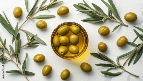 Arrangement of green olives submerged in oil against a white backdrop, top-down view