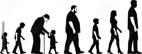 Illustration of silhouettes of people in different stages of life, from baby to child to adult to senior