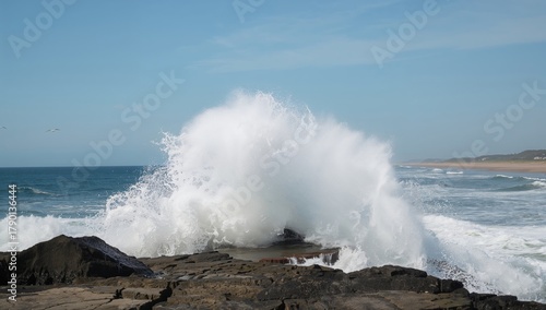 Fototapeta Naklejka Na Ścianę i Meble -  Ocean wave colliding with rocky shore, erosion risk