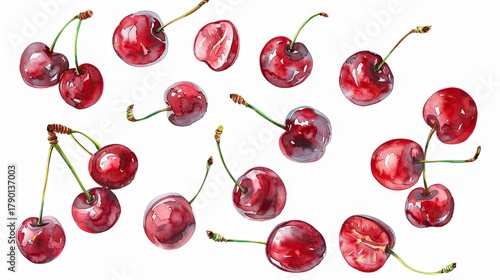 Watercolor composition of fresh cherries on a white background. Juicy berries painted with paints.
