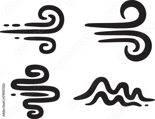 Wind and Airflow Icons – Black Silhouettes of Swirling Motion for Nature, Weather, and UI Design